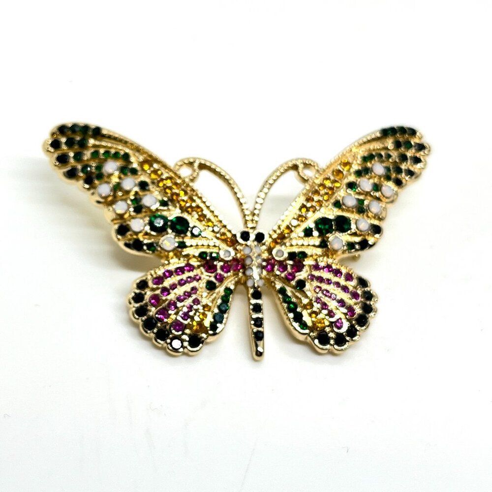 VINTAGE ANNE KLEIN Brooch Butterfly Rhinestone Pink Green Gold Tone Signed